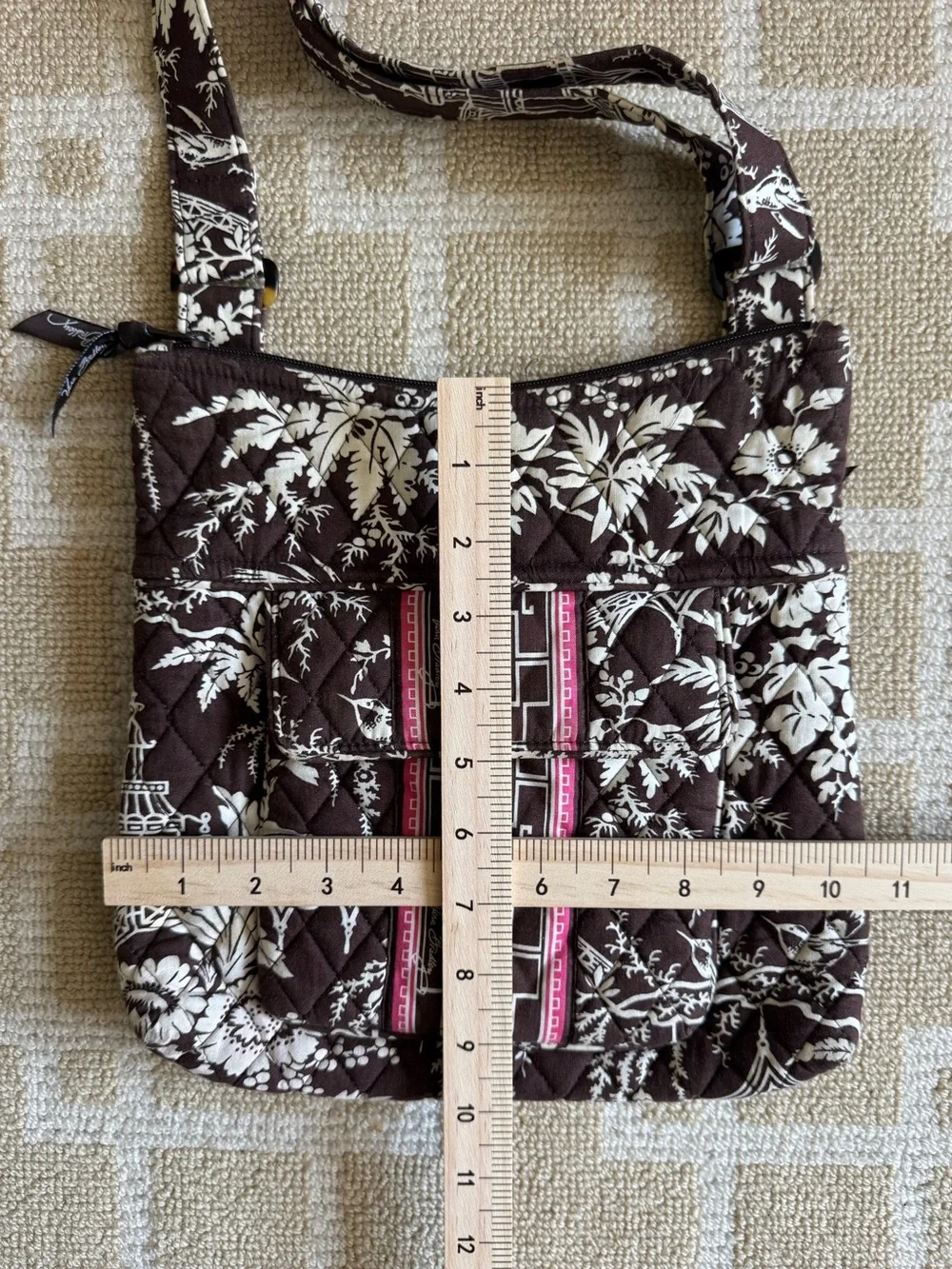 Vera Bradley Quilted Crossbody Bag Adjustable Shoulder Purse Brown Floral Print